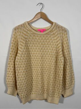 WSW1 {Lilly Pulitzer} Tan Cream Open Weave Knit Lightweight Crewneck Sweater